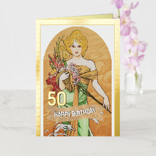 50e verjaardagskaart, Lentegodin, Vintage Kunst Folie Wenskaart