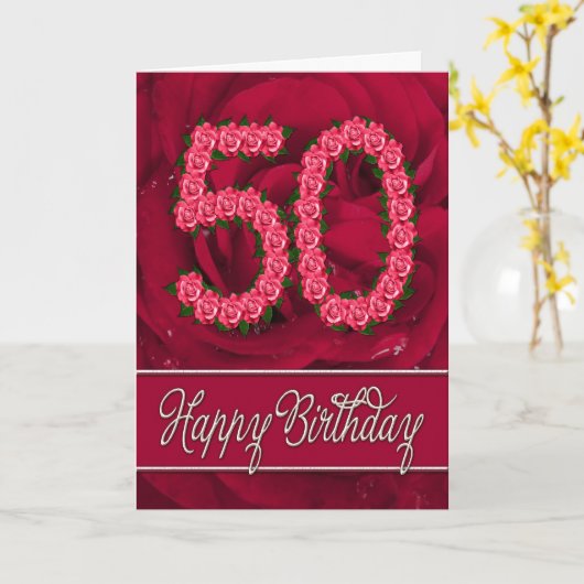 50e verjaardagskaart met rozen en bladeren kaart (Gele Bloem)