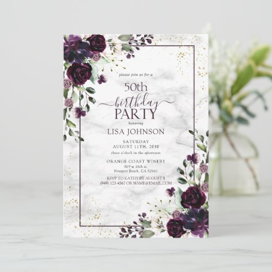 50e Verjaardagsplum Paarse Gouden Waterverf Marmer Kaart (Staand voorkant)