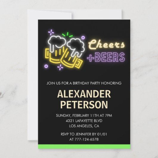 50e verjaardagsuitnodiging Cheers Beer Mannen Neon Kaart (Voorkant)
