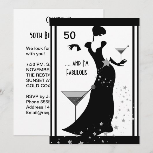 50e verpartijfeest Diva Art deco Zwart Wit Kaart (Voorkant / Achterkant)