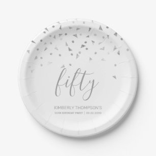 50e verpartijfeest Elegant Wit Zilver Confetti Papieren Bordje
