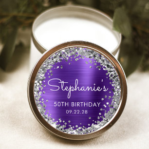 50e verpartijfeest paarse zilveren glitters ronde sticker