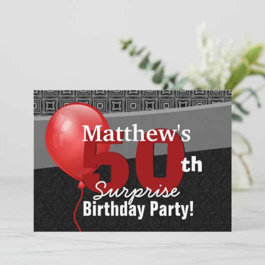 50e Verrassing Verjaardag Black Red Balloon Y327 Kaart (Staand voorkant)