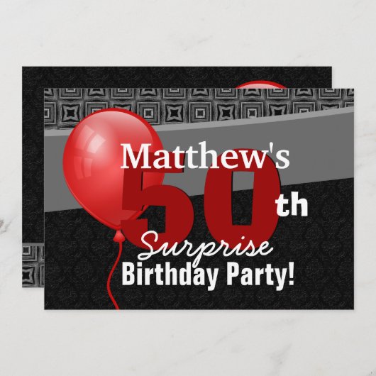50e Verrassing Verjaardag Black Red Balloon Y327 Kaart (Voorkant / Achterkant)