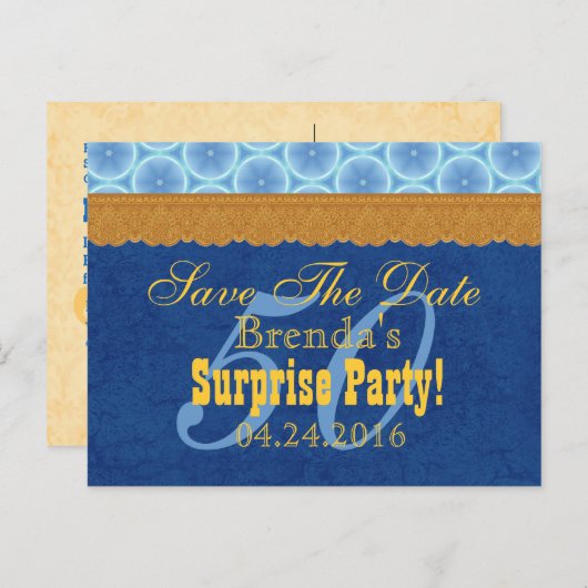 50e VERRASSING Verjaardag Save the Date Blue Gold  Aankondigingskaart (Voorkant / Achterkant)