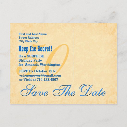 50e VERRASSING Verjaardag Save the Date Blue Gold  Aankondigingskaart (Achterkant)