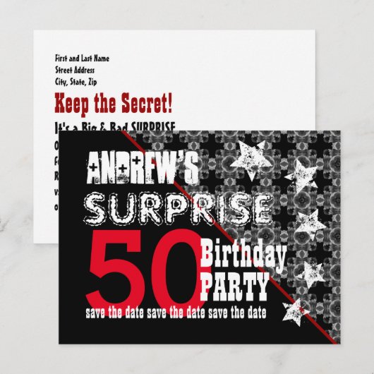 50e Verrassing Verjaardag Save the Date Diagonal W Aankondigingskaart (Voorkant / Achterkant)