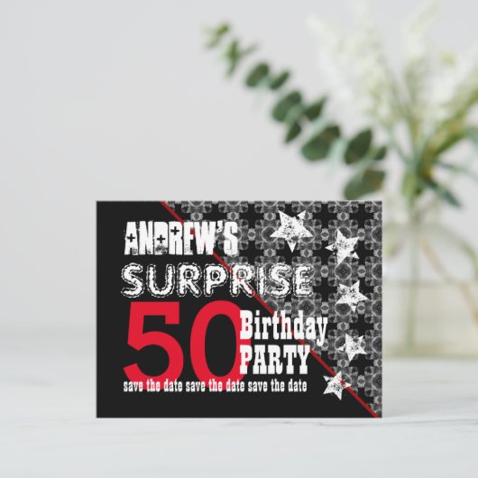 50e Verrassing Verjaardag Save the Date Diagonal W Aankondigingskaart (Staand voorkant)