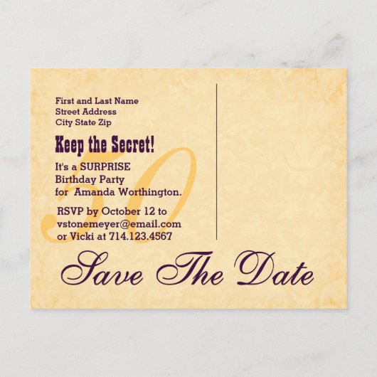 50e VERRASSING Verjaardag Save the Date Paarse v6 Aankondigingskaart (Achterkant)