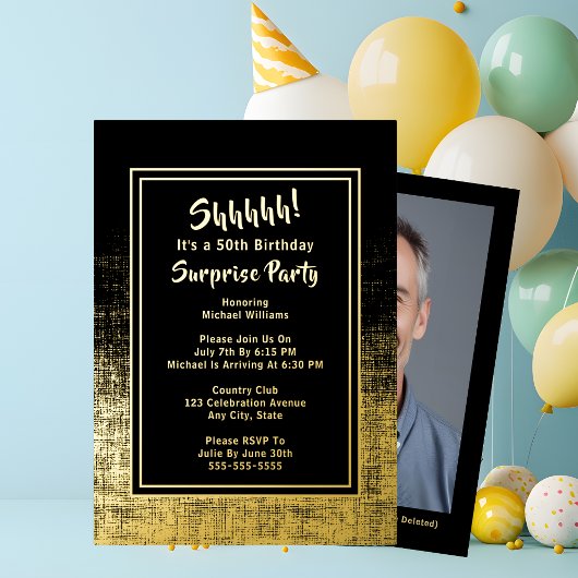50e Verrassing Verjaardagsfoto op Black & Gold Folie Uitnodiging