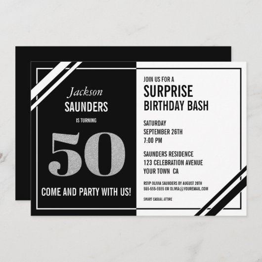 50e verrassingsdag Bash Modern Black and White Kaart (Voorkant / Achterkant)