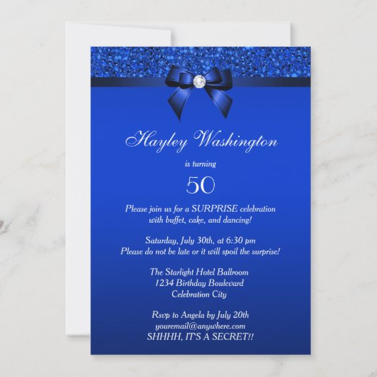 50e verrassingsfeest Royal Blue Sequins en Bow Kaart (Achterkant)
