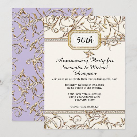50e Vijftigste Art Nouveau Goud Paarse Jubileum Kaart (Voorkant / Achterkant)