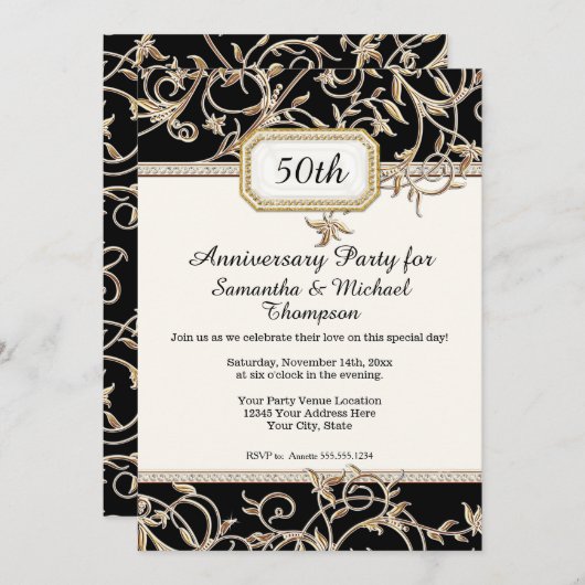 50e vijftigste Art Nouveau Zwart n Goud Jubileum Kaart (Voorkant / Achterkant)