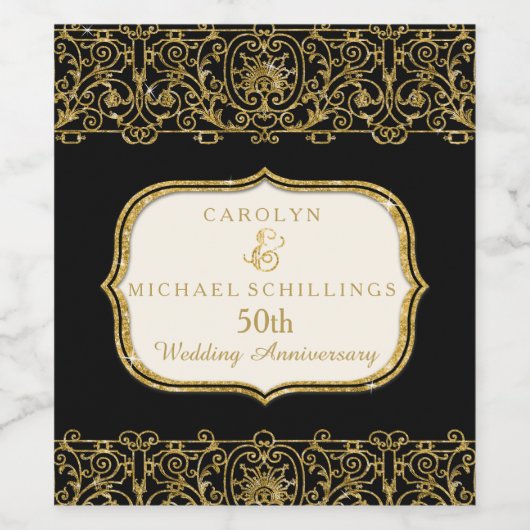 50e Vijftigste Gouden Jubileum Zwart en Goud Wijn Etiket (Enkel label)