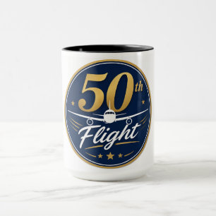 50e vlucht gouden vliegtuig reis souvenir mok