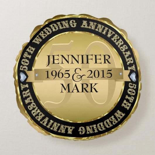 50e weddenschap Jubileum metaal goud & zwart 2 Rond Kussen (Voorkant)