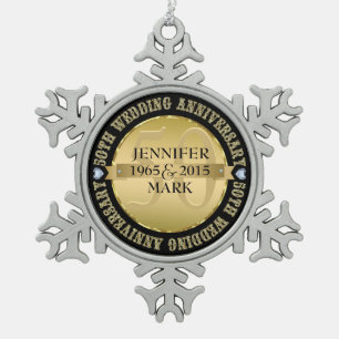 50e weddenschap Jubileum metaal goud & zwart 2 Tin Sneeuwvlok Ornament
