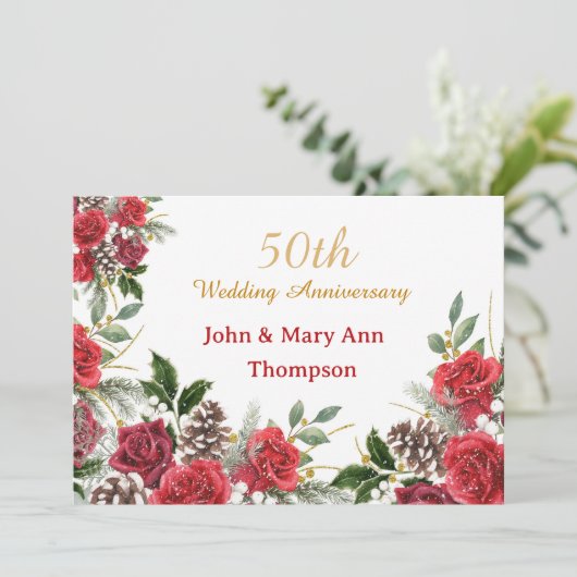 50e Winter Bruiloft Jubileum Rozen Uitnodiging (Staand voorkant)