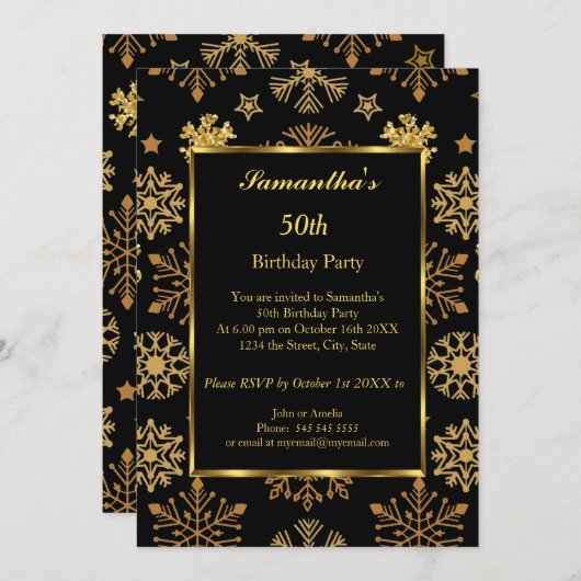 50e winterdag: Gold Black uitnodiging (Voorkant / Achterkant)