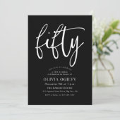 50e Wit op Black Birthday Party Modern Script Kaart (Staand voorkant)