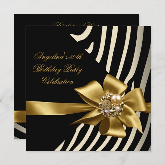 50e Zebra Gold Cream Black Birthday Party Kaart (Voorkant / Achterkant)