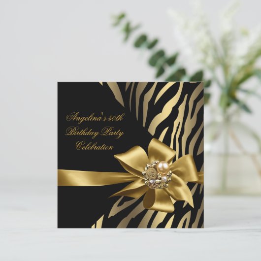 50e Zebra Old Gold Cream Black Birthday Party Kaart (Staand voorkant)