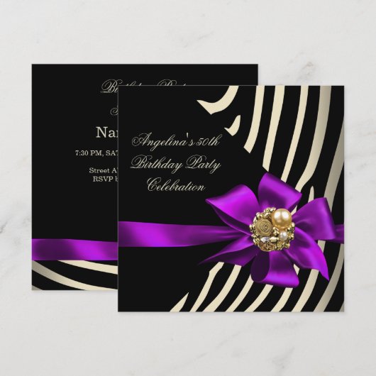 50e Zebra Paarse Gold Cream Black Birthday Party Kaart (Voorkant / Achterkant)