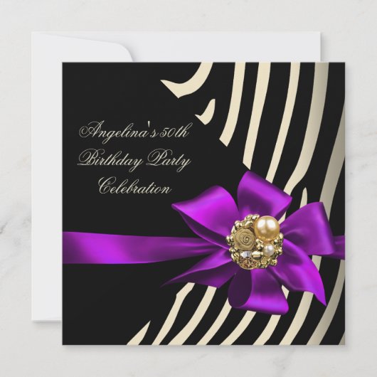 50e Zebra Paarse Gold Cream Black Birthday Party Kaart (Voorkant)