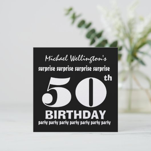 50e ZURPRISE Birthday Party Black White W1894 Kaart (Staand voorkant)
