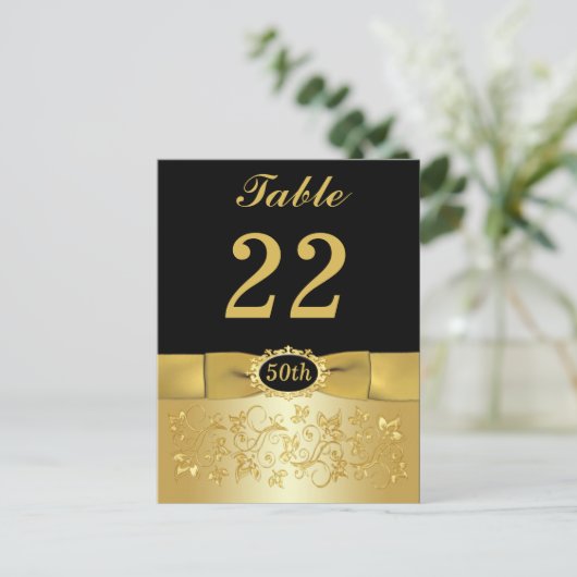 50e Zwart Goud Bloemen Tafelnummer Post Kaart (Staand voorkant)