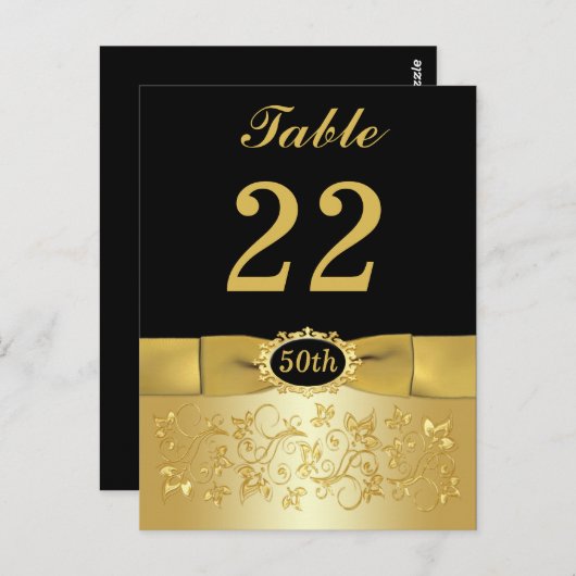 50e Zwart Goud Bloemen Tafelnummer Post Kaart (Voorkant / Achterkant)