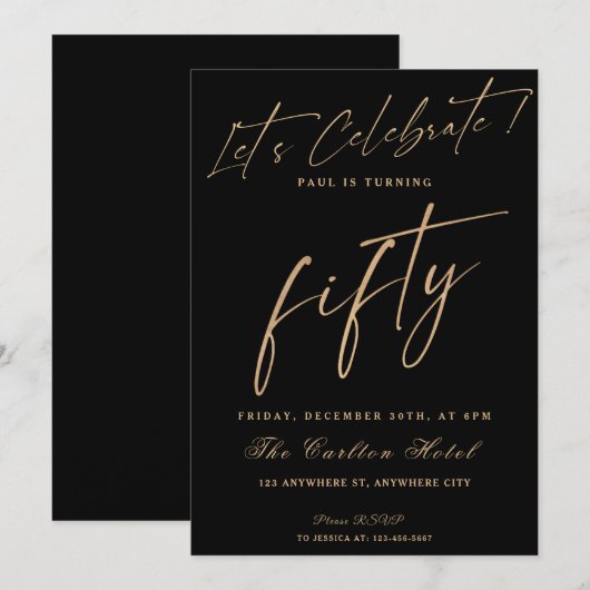 50e zwarte en goudlegante geboortedag kaart (Voorkant / Achterkant)