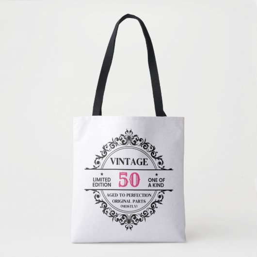  50e zwarte en roze monogram geboortedag tote bag (Voorkant)