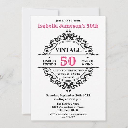 50e zwarte en roze  verjaardag kaart (Voorkant)