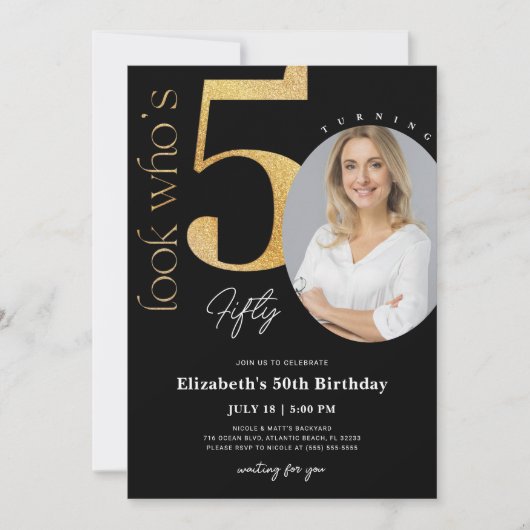 50e zwarte gouduitnodiging met foto kaart (Voorkant)