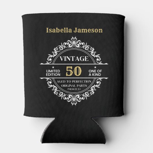 50e zwarte witte en gouden feestdag blikjeskoeler (Achterkant)