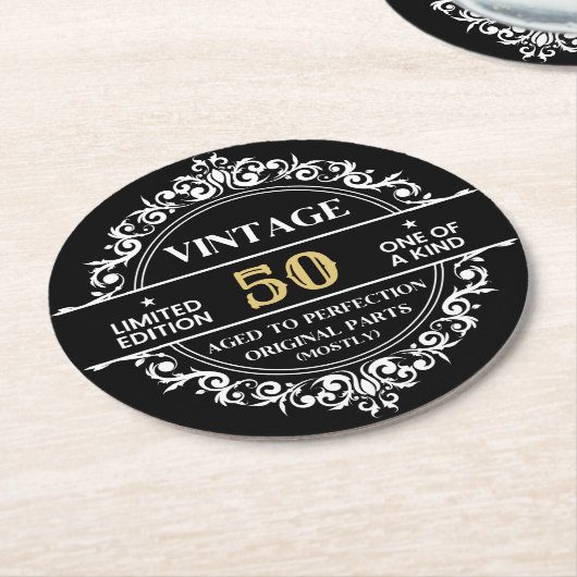 50e zwarte witte en gouden  feestdag ronde kartonnen onderzetter (Gebogen)