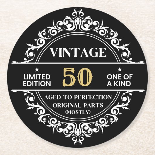 50e zwarte witte en gouden  feestdag ronde kartonnen onderzetter (Voorkant)