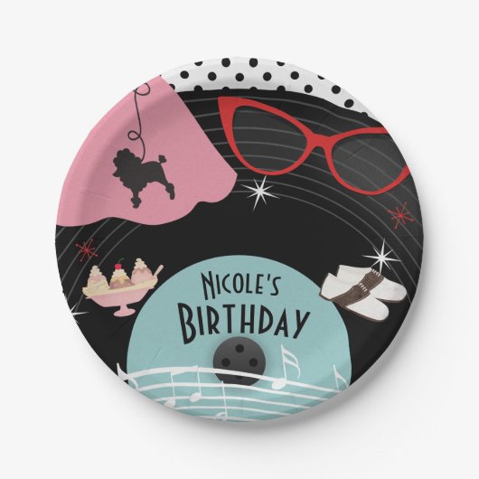 50's 1950's Record Thema Verjaardagsfeest Custom Papieren Bordje (Voorkant)