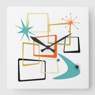50s Atomic Squares Boomerang Starburst Mid Century Vierkante Klok