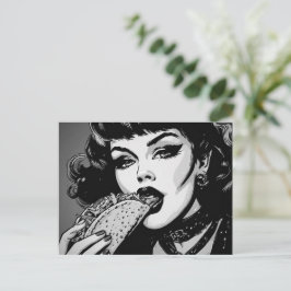 50s BW Grafische Stijl Goth Meisje Eet een Taco Briefkaart