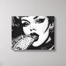 50s BW Grafische Stijl Goth Meisje Eet een Taco Canvas Afdruk
