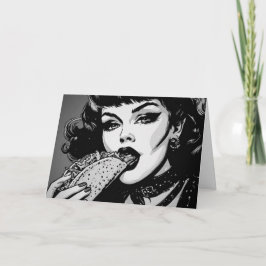 50s BW Grafische Stijl Goth Meisje Eet een Taco Kaart