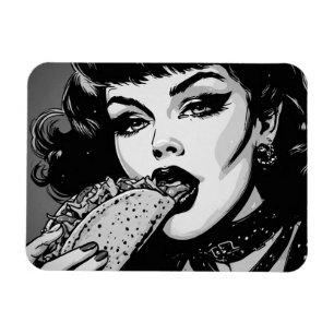 50s BW Grafische Stijl Goth Meisje Eet een Taco Magneet