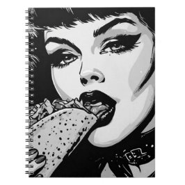 50s BW Grafische Stijl Goth Meisje Eet een Taco Notitieboek