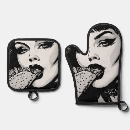 50s BW Grafische Stijl Goth Meisje Eet een Taco Ovenwant & Pannenlap Set