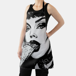 50s BW Grafische Stijl Goth Meisje Eet een Taco Schort