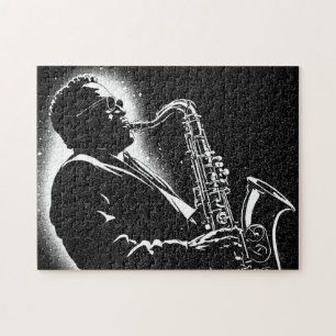50s BW grafische stijl saxofoonspeler Legpuzzel